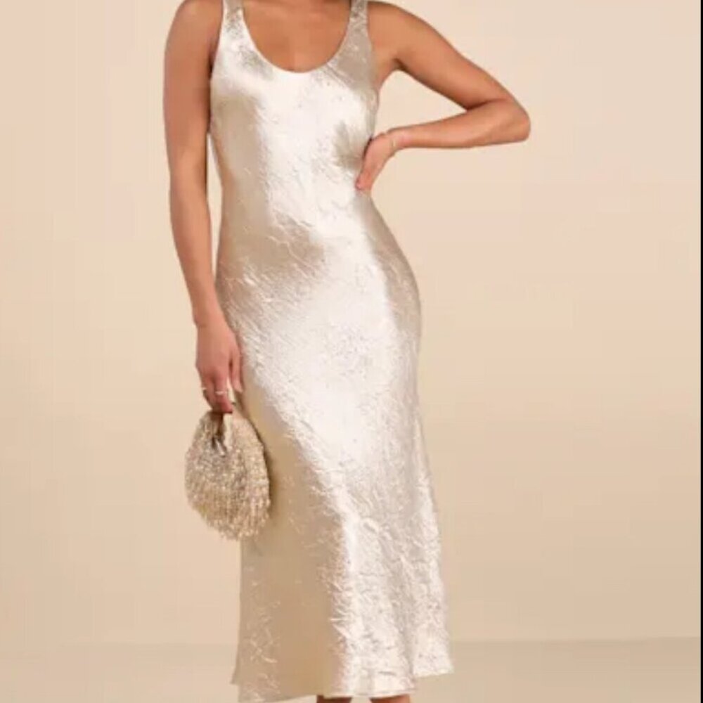 Lulus Christelle Champagne Crinkle Satin Backless Midi Slip Dress NWT